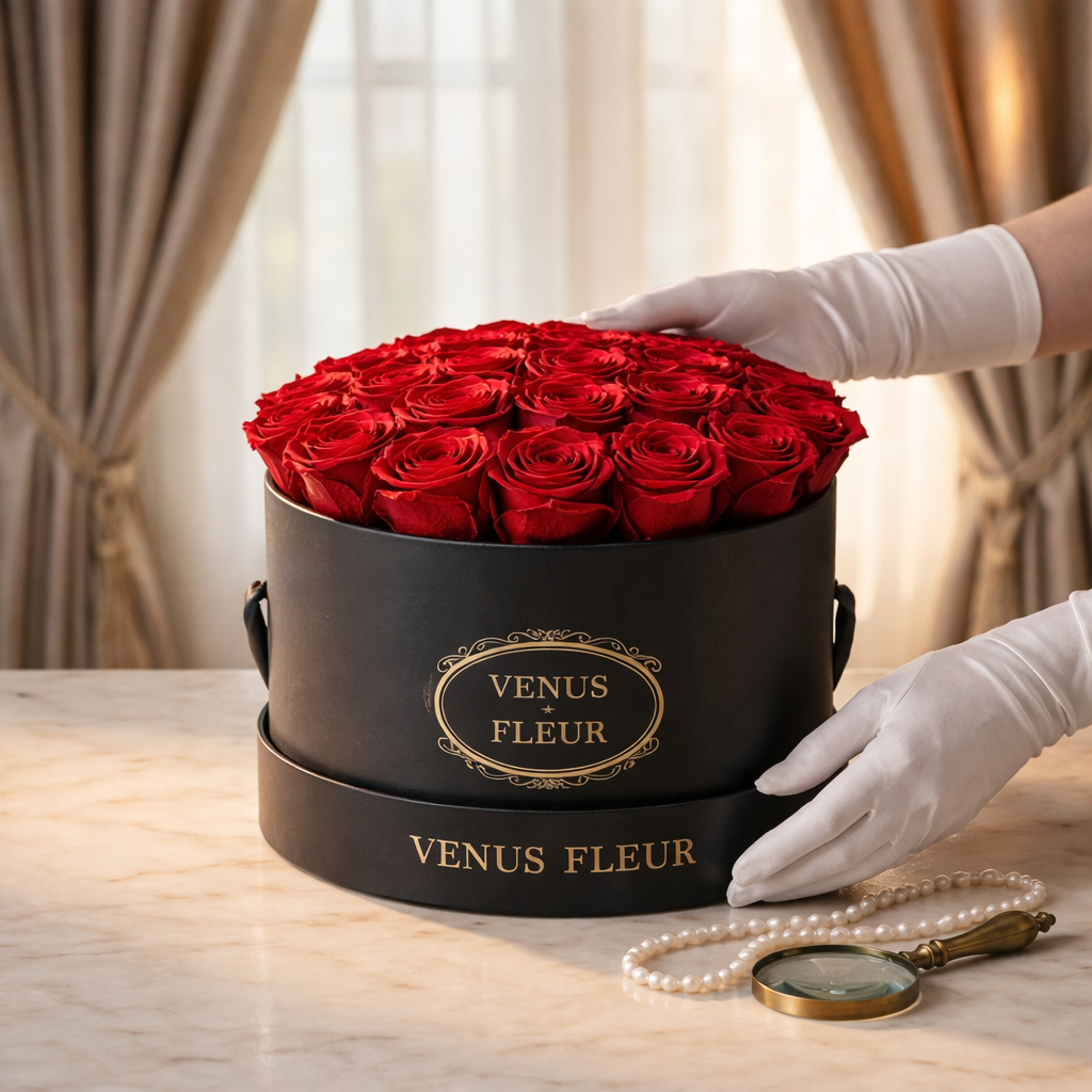Royal Red preserved roses in a luxury black velvet box